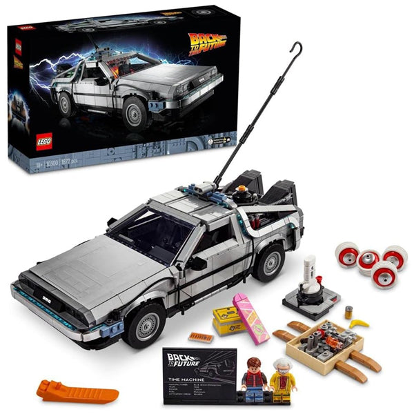 LEGO Back to the Future DeLorean DMC-12 10300 set displayed with car model, accessories, minifigures, instructions, and themed parts. An ideal collector’s item for fans and a great building kit for adults. Box pictured in the background.
